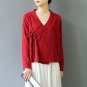 Spring Autumn Women Tops Vintage Kimono V-neck Jacquard Lacing Long-sleeve Chinese Style Linen Women