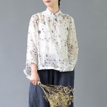 Spring Summer Blusas Vintage Print Plate Buttons Three Quarter Ramie Shirt for Women Casual Crop Top