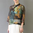 Women Summer Blusas Casual Loose Stand Collar Plate Buttons Half-sleeve Vintage Print Thin Tencel Wo