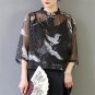 Women Summer Blusas Casual Loose Stand Collar Plate Buttons Half-sleeve Vintage Print Thin Tencel Wo