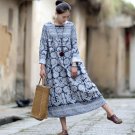 Women Spring Autumn Dresses O-neck Long-sleeve Vintage Print Plate Button Linen Dress Casual Long Ro