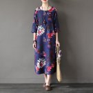 Women Summer Dress Vintage Chrysanthemum Print Plus Size Three Quarter Sleeve Mid-Calf Linen Dress C