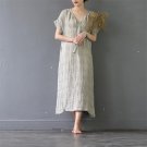 Summer Dresses Vintage Plaid V-neck Short-sleeve Loose Long Linen Dress for Women Casual A-line Robe