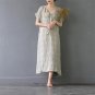 Summer Dresses Vintage Plaid V-neck Short-sleeve Loose Long Linen Dress for Women Casual A-line Robe