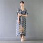 Summer Dresses Vintage Plaid V-neck Short-sleeve Loose Long Linen Dress for Women Casual A-line Robe