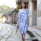Spring Summer Dress Casual Loose Vintage Printed Half Sleeve Linen Dress Plus Size Long Robe Women P