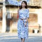 Spring Summer Dress Casual Loose Vintage Printed Half Sleeve Linen Dress Plus Size Long Robe Women P