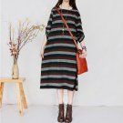 Women Spring Autumn Dress Vintage Classic Stripe O-neck Medium-long Long-sleeve All-match Basic Loos