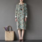 Women Spring Autumn Dress Vintage Print Terry Loop Long-sleeve Plus Size Knee-length Cotton Dress Lo