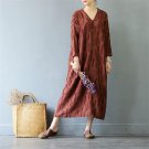 Women Autumn Dress Vintage V-neck Jacquard Long Linen Cotton Dresses Casual Loose Retro Robe Vestido