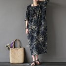 Spring Summer Dress for Women Vintage Floral Prints Half Sleeve Loose Plus Size Linen Cotton Dress F