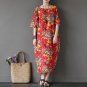 Spring Summer Dress for Women Vintage Floral Prints Half Sleeve Loose Plus Size Linen Cotton Dress F
