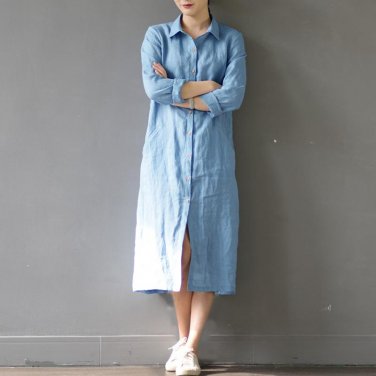 Women Spring Autumn Dress Solid Casual Long-sleeve 100% Ramie Shirt Dress for Women Long White Cardi