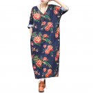 Vestidos Linen Dress Spring Summer Women Dresses V-neck Vintage Print Three Quarter Loose Hem Split 