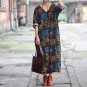 Vestidos Linen Dress Spring Summer Women Dresses V-neck Vintage Print Three Quarter Loose Hem Split