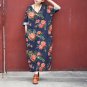 Vestidos Linen Dress Spring Summer Women Dresses V-neck Vintage Print Three Quarter Loose Hem Split