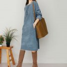 Autumn Winter Women Dress Vintage Corduroy Long-sleeve Square Collar Loose Knee-length Dresses Cute 