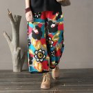 Women Pant Vintage Print Elastic Waist Wide Leg Pants Loose Trousers for Women X0666