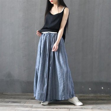 New Spring Women Harem Pants Vintage Stripe Elastic Waist Loose Casual Personality Linen Wide Leg Pa