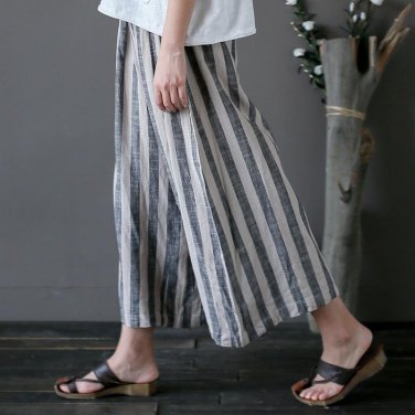 Harem Pants Vintage All-match Classic Striped Elastic Waist Loose Linen Wide Leg Pants Plus Size Tro