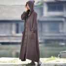 Autumn Winter Jackets Women Vintage Loose Hooded Handmade Plate Buttons Outerwear Casual Long Cotton
