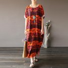 Women Summer Dress Vintage Abstract Totem Print Half Sleeve Long Linen Robe Loose Casual Dress X0173