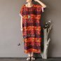Women Summer Dress Vintage Abstract Totem Print Half Sleeve Long Linen Robe Loose Casual Dress X0173