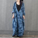 Women Autumn Dress Vintage Tie-dyeing Loose Robe National Trend Deep V-neck Long Linen Dress Twinset