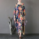 Spring Autumn Dresses Vintage Print Square Collar Three Quarter Sleeve Loose Long Cotton Dress Casua