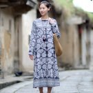 New Spring Women Dress O-neck Long-sleeve Vintage Print Plate Button Linen Dress Casual Long Robe S1