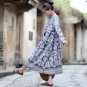 New Spring Women Dress O-neck Long-sleeve Vintage Print Plate Button Linen Dress Casual Long Robe S1