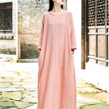Women Dresses Solid Long-sleeve Soft Cotton Dress Casual Long Robe Femme Loose White Dress B2296
