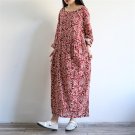 Women Spring Autumn Dress Vintage Print Loose Long-sleeve Slim Adjustable Waist Cotton Dress B054