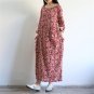Women Spring Autumn Dress Vintage Print Loose Long-sleeve Slim Adjustable Waist Cotton Dress B054