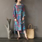 Spring Summer Dress Women Vintage Print Square Collar Wrist-length Asymmetric Cotton Dresses Vestido