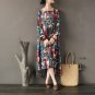 Spring Summer Dress Women Vintage Print Square Collar Wrist-length Asymmetric Cotton Dresses Vestido