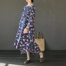 Spring Women Dress Square Collar Vintage Print Asymmetric Design Cotton Dresses Long Robe Vestidos X