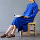 Women Autumn Dress Vintage Jacquard Stand Collar Long-sleeve Handmade Plate Button Knee-length Linen