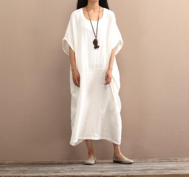 Spring Summer Dress Vintage Long Plus Size Batwing Sleeve Cotton Dress Female Solid Casual Loose Rob