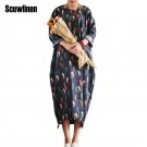 Women Dress Vintage Corduroy Abstract Bird Print Long-sleeve Plus Size Asymmetry Cotton Dress Casual