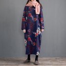 Winter Dress Plus Size Long-sleeve Vintage Floral Print Loose Linen Cotton Dress Casual Quilted Robe