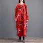 Winter Dress Plus Size Long-sleeve Vintage Floral Print Loose Linen Cotton Dress Casual Quilted Robe
