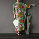 Summer Fluid Vintage Flower Print Plus Size Batwing Sleeve 100% Cotton Long Dresses Loose Casual Rob