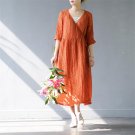 Spring Summer Dress Women Solid Vintage V-neck Loose Three Quarter Long Linen Dress for Women Casual