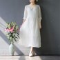 Spring Summer Dress Women Solid Vintage V-neck Loose Three Quarter Long Linen Dress for Women Casual