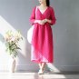 Spring Summer Dress Women Solid Vintage V-neck Loose Three Quarter Long Linen Dress for Women Casual