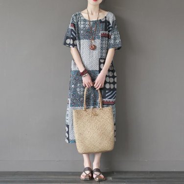 Summer Dresses Vintage Patchwork Personality Print Linen Robe Plus Size Loose Long Casual DressX0165