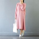 Women Autumn Winter Dress Vintage Solid Plus Size Long-sleeve Cotton Dress Casual Long Robe S419
