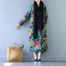 Women Winter Dress Vintage Print Loose Linen Cotton Dress S481