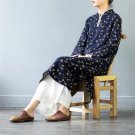Women Spring Autumn Dress Vintage Print Stand Collar Plate Buttons Loose Cotton Dress Retro Casual R